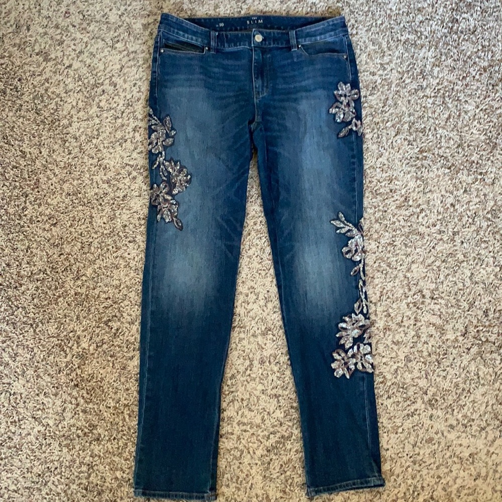 White House Black Market Blue Straight Leg Jeans with Floral Embroidery